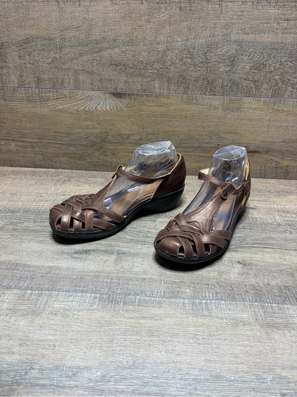 Clarks Brown Braided T-Strap Comfort Flats